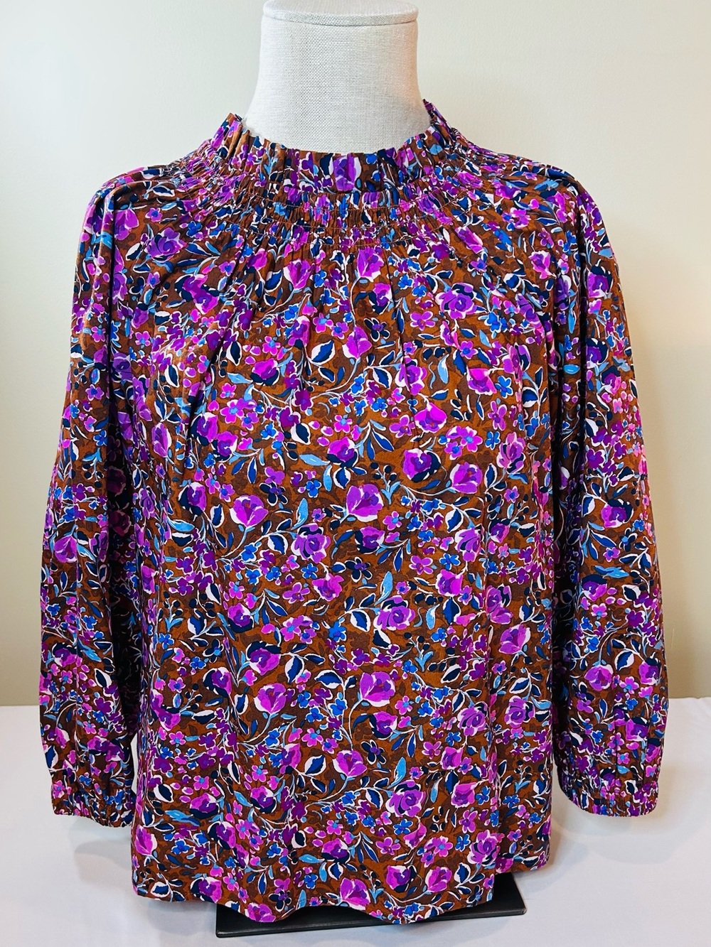 J. Crew Botanical Blouse 3/4 Sleeves Gathered Neck Small